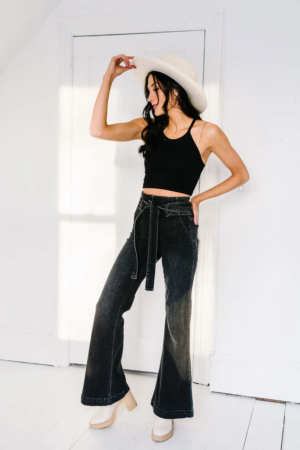 Giana Tie-Waist Flares in Black