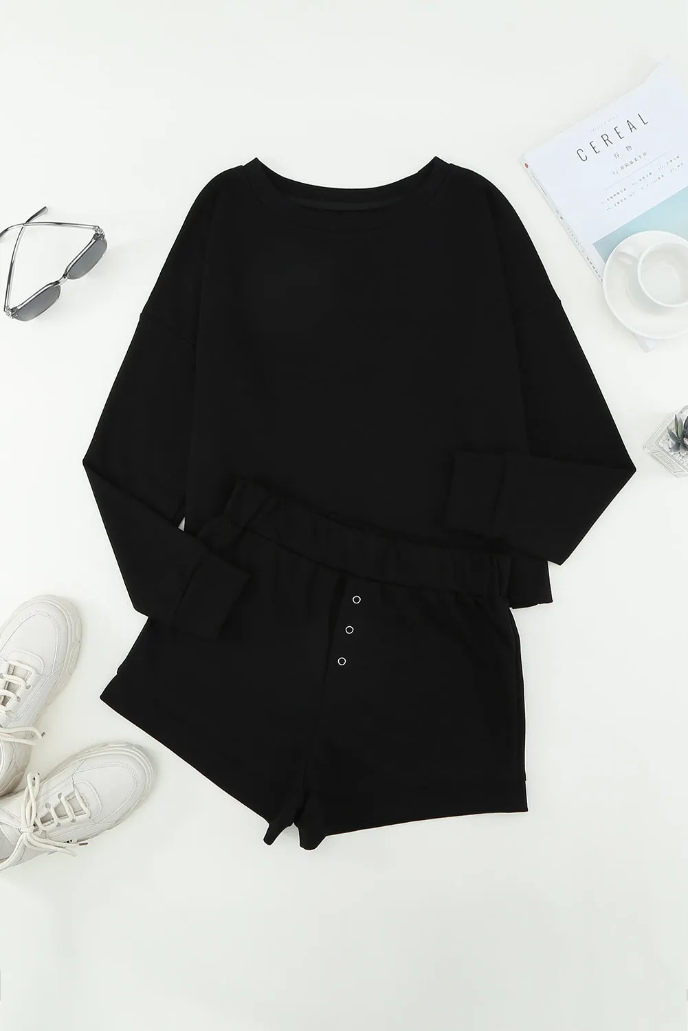 Grey Ribbed Knit Drop-Shoulder Sleeve Top and Shorts Two Piece Set