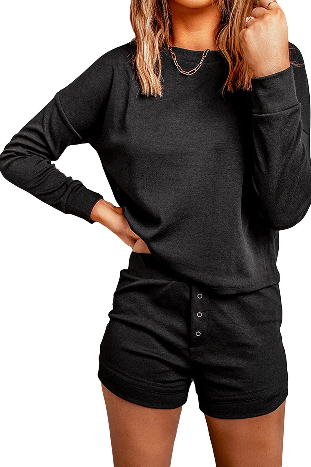 Grey Ribbed Knit Drop-Shoulder Sleeve Top and Shorts Two Piece Set