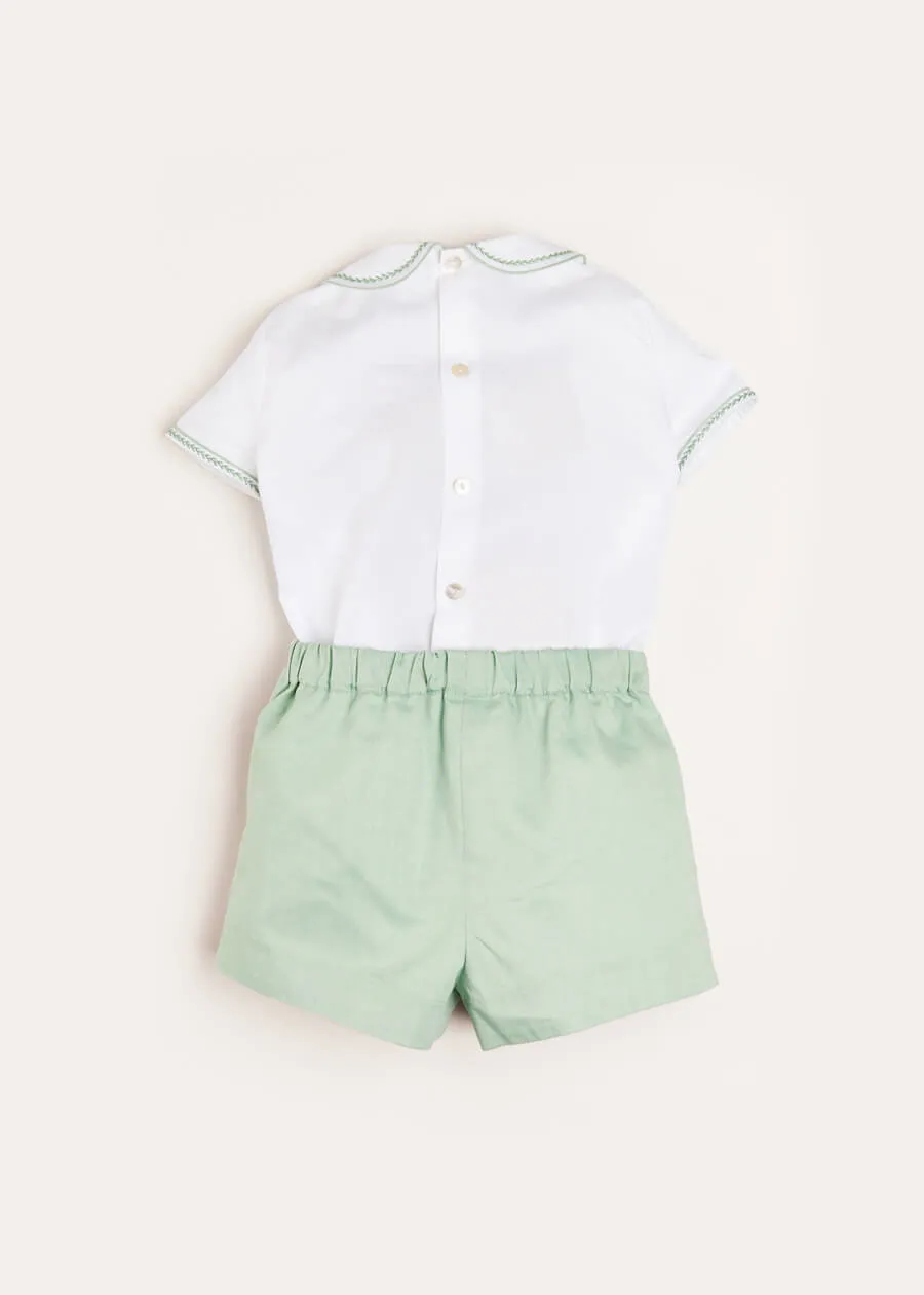 Hand Smocked Peter Pan Collar Short Sleeve Two Piece Set in Green (18mths-6yrs)