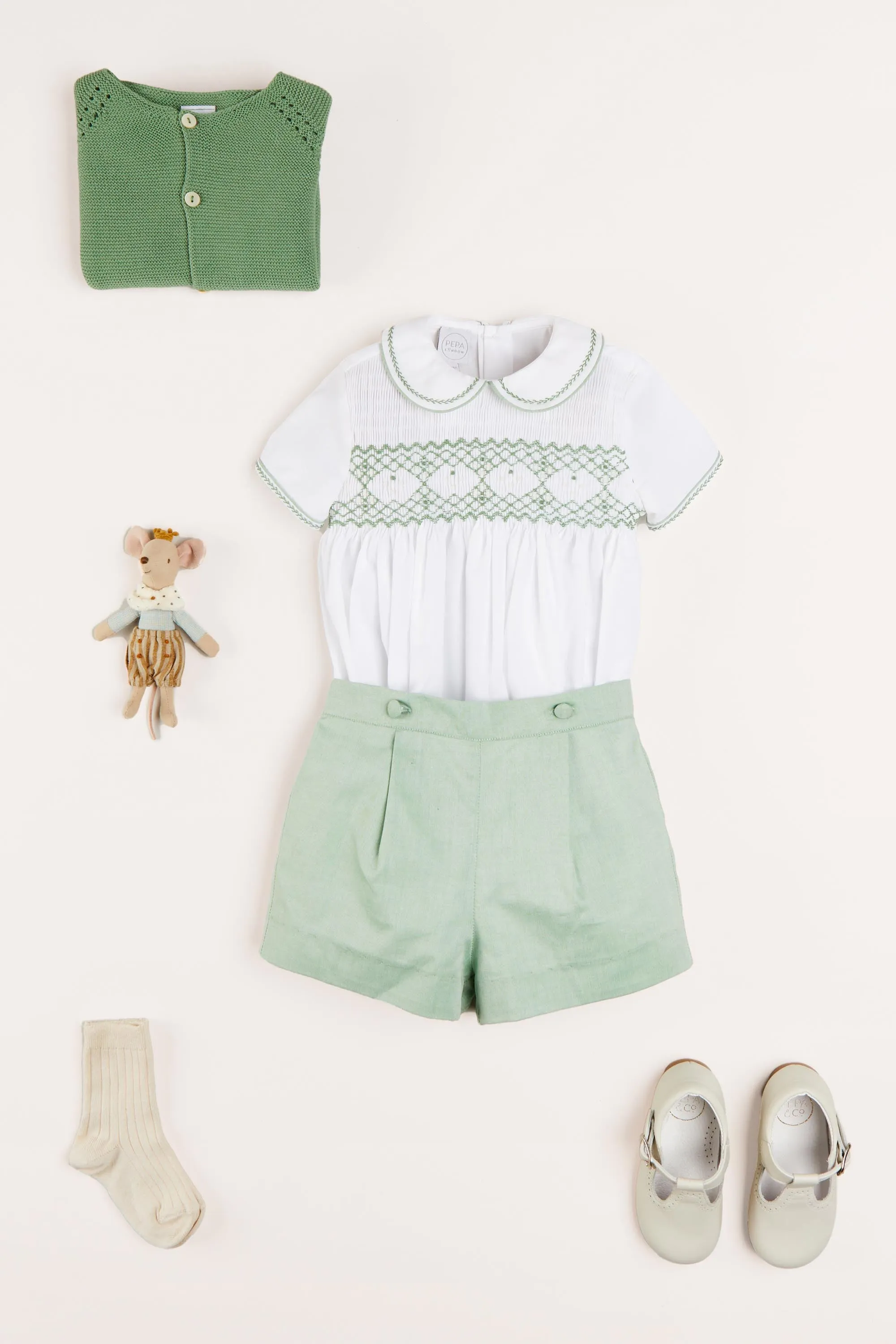 Hand Smocked Peter Pan Collar Short Sleeve Two Piece Set in Green (18mths-6yrs)