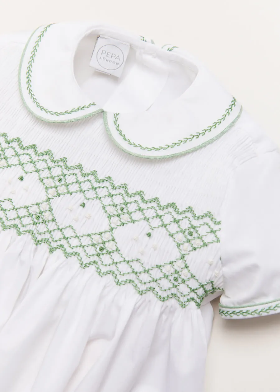 Hand Smocked Peter Pan Collar Short Sleeve Two Piece Set in Green (18mths-6yrs)