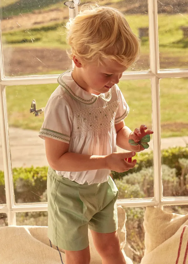 Hand Smocked Peter Pan Collar Short Sleeve Two Piece Set in Green (18mths-6yrs)