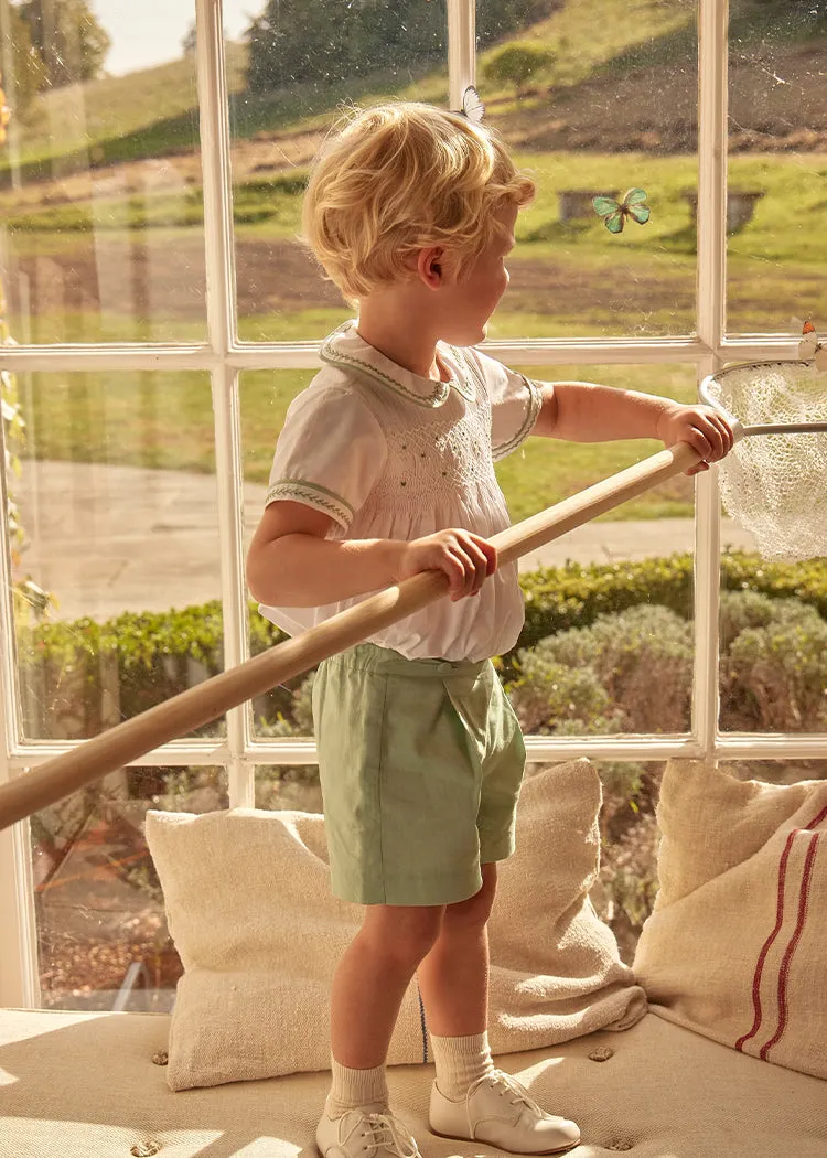 Hand Smocked Peter Pan Collar Short Sleeve Two Piece Set in Green (18mths-6yrs)