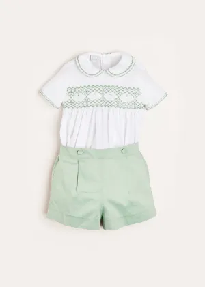 Hand Smocked Peter Pan Collar Short Sleeve Two Piece Set in Green (18mths-6yrs)