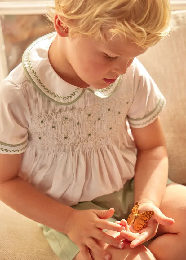 Hand Smocked Peter Pan Collar Short Sleeve Two Piece Set in Green (18mths-6yrs)
