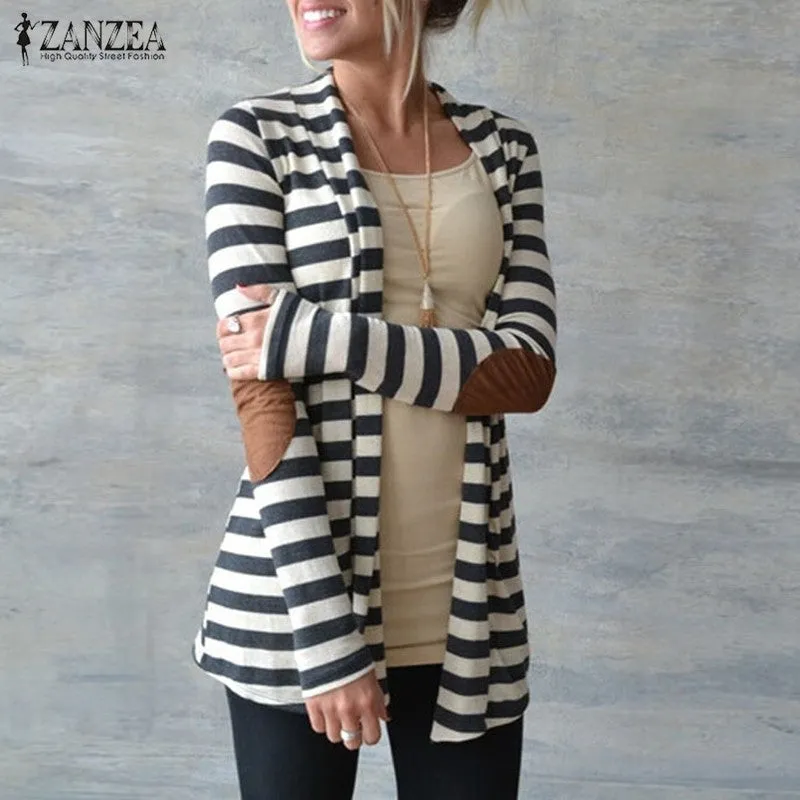 Jacket Plus Size Women Knitted Sweaters Striped Coat Cardigan Slim Open Stitch Long Sleeve