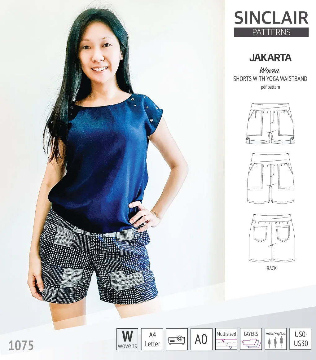 Jakarta shorts for woven fabrics with yoga waistband and pockets (PDF)