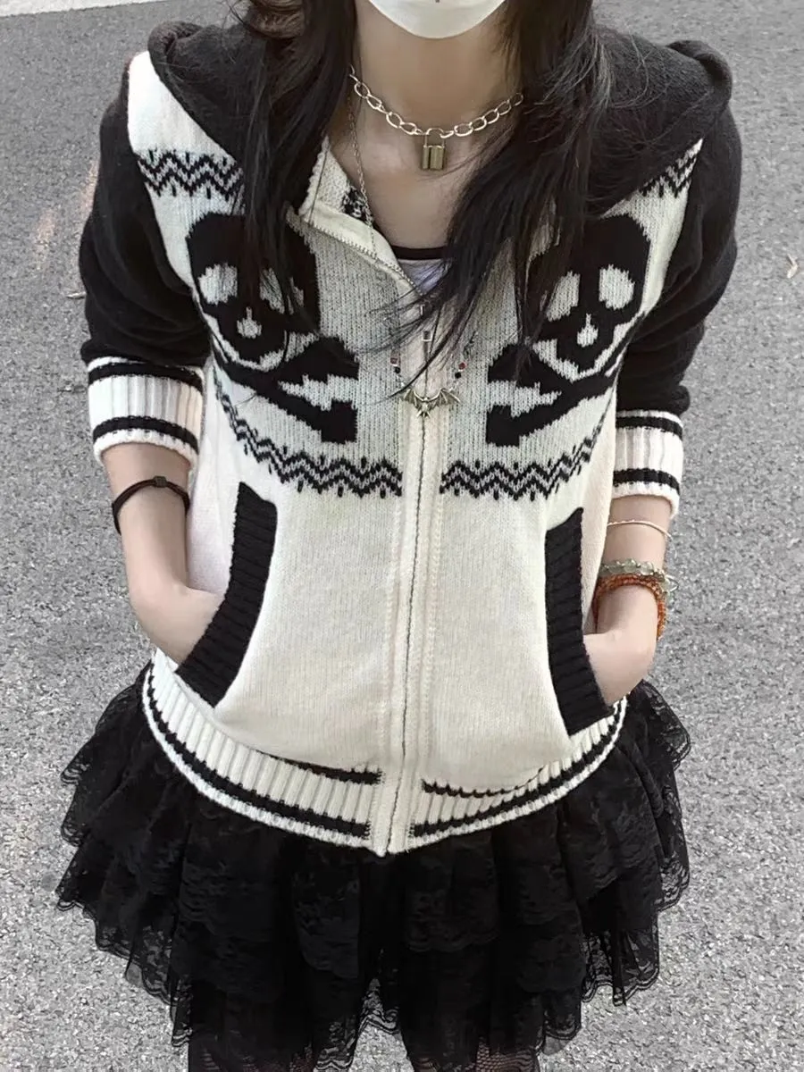 JazzHer Kawaii Skulls Zip Up Sweater Punk Sexy Winter Vintage Clothes Women Gothic Sweet Girl Harajuku Long sleeves Femme Y2k Sweaters