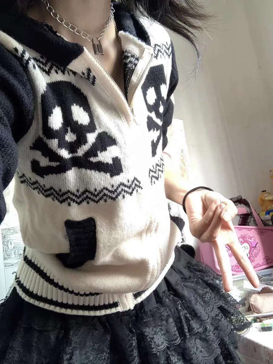 JazzHer Kawaii Skulls Zip Up Sweater Punk Sexy Winter Vintage Clothes Women Gothic Sweet Girl Harajuku Long sleeves Femme Y2k Sweaters