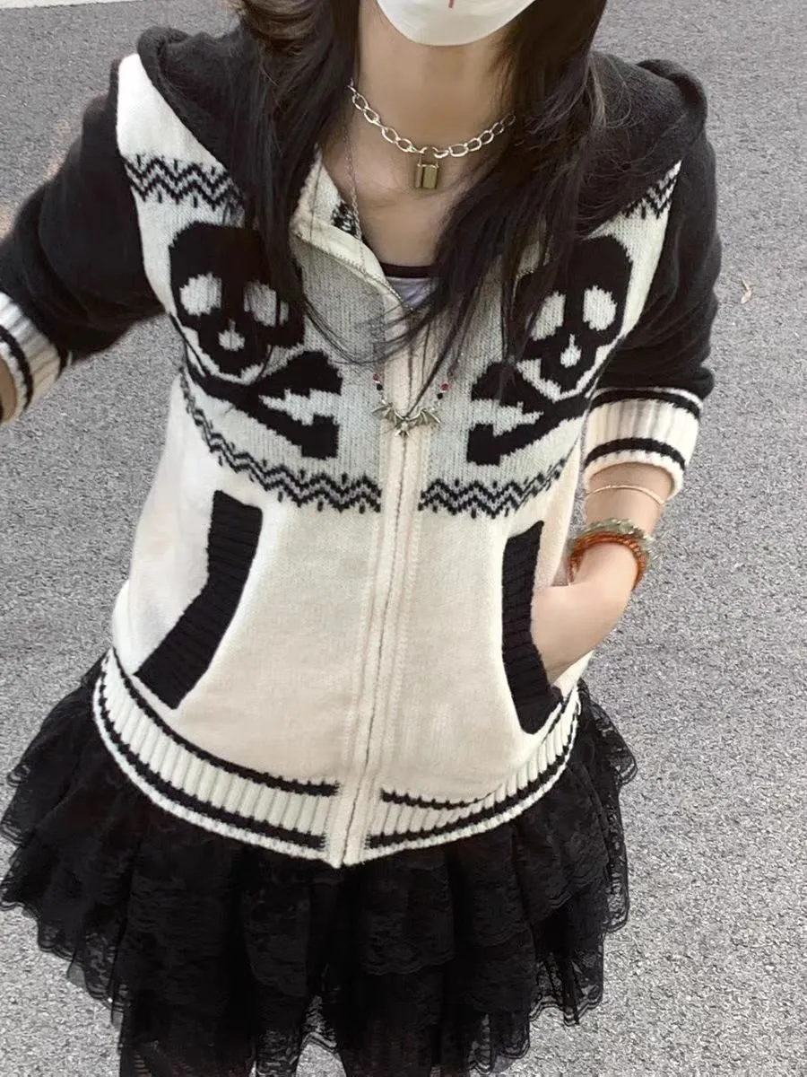 JazzHer Kawaii Skulls Zip Up Sweater Punk Sexy Winter Vintage Clothes Women Gothic Sweet Girl Harajuku Long sleeves Femme Y2k Sweaters