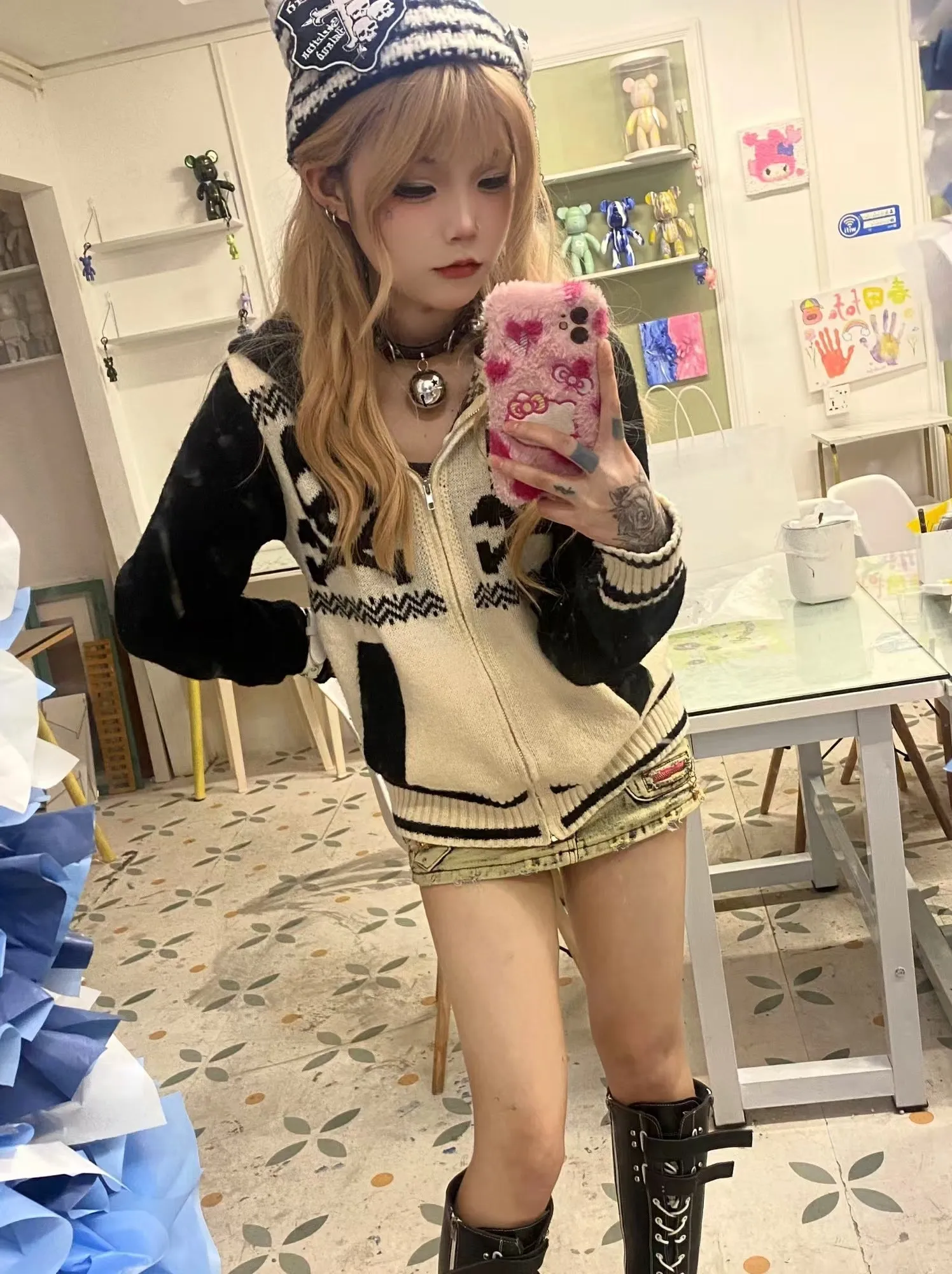 JazzHer Kawaii Skulls Zip Up Sweater Punk Sexy Winter Vintage Clothes Women Gothic Sweet Girl Harajuku Long sleeves Femme Y2k Sweaters