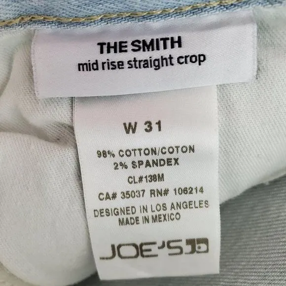 Joe's Jeans The Smith Mid Rise Light Blue Crop Straight Distressed Jeans Size 31