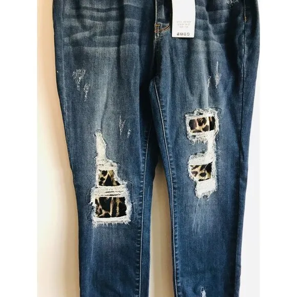 Judy Blue High-Waist Skinny Fit Jeans Denim Leopard Patch Distressed Ripped 7/28
