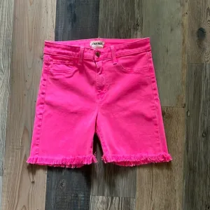 L’Agence Margot Mid Rise Cropped Raw Hem Jean SHORTS in Flamingo Pink Size: 27