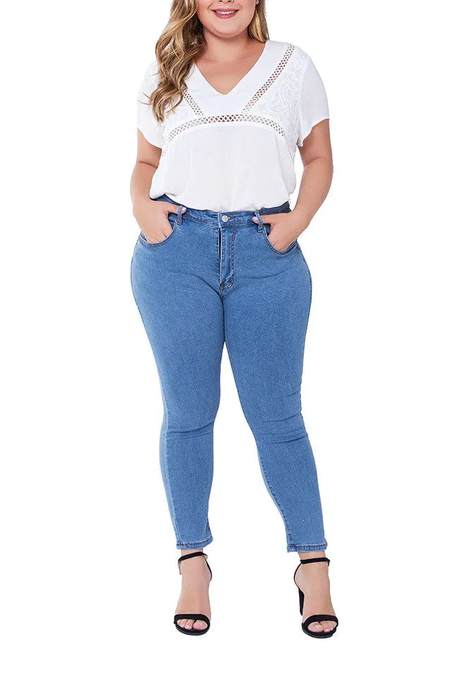 Large Size Jeans Female Stretch Washed Slim Ladies Jeans
