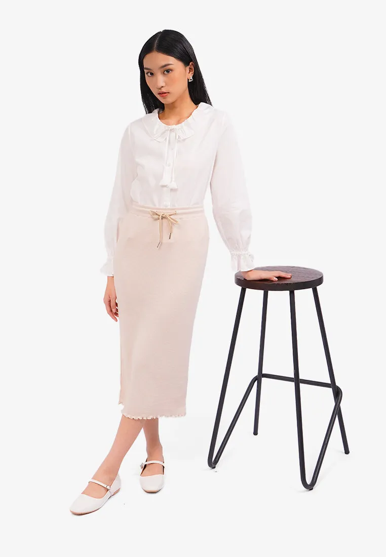 Lettuce Midi Skirt with Slit Beige