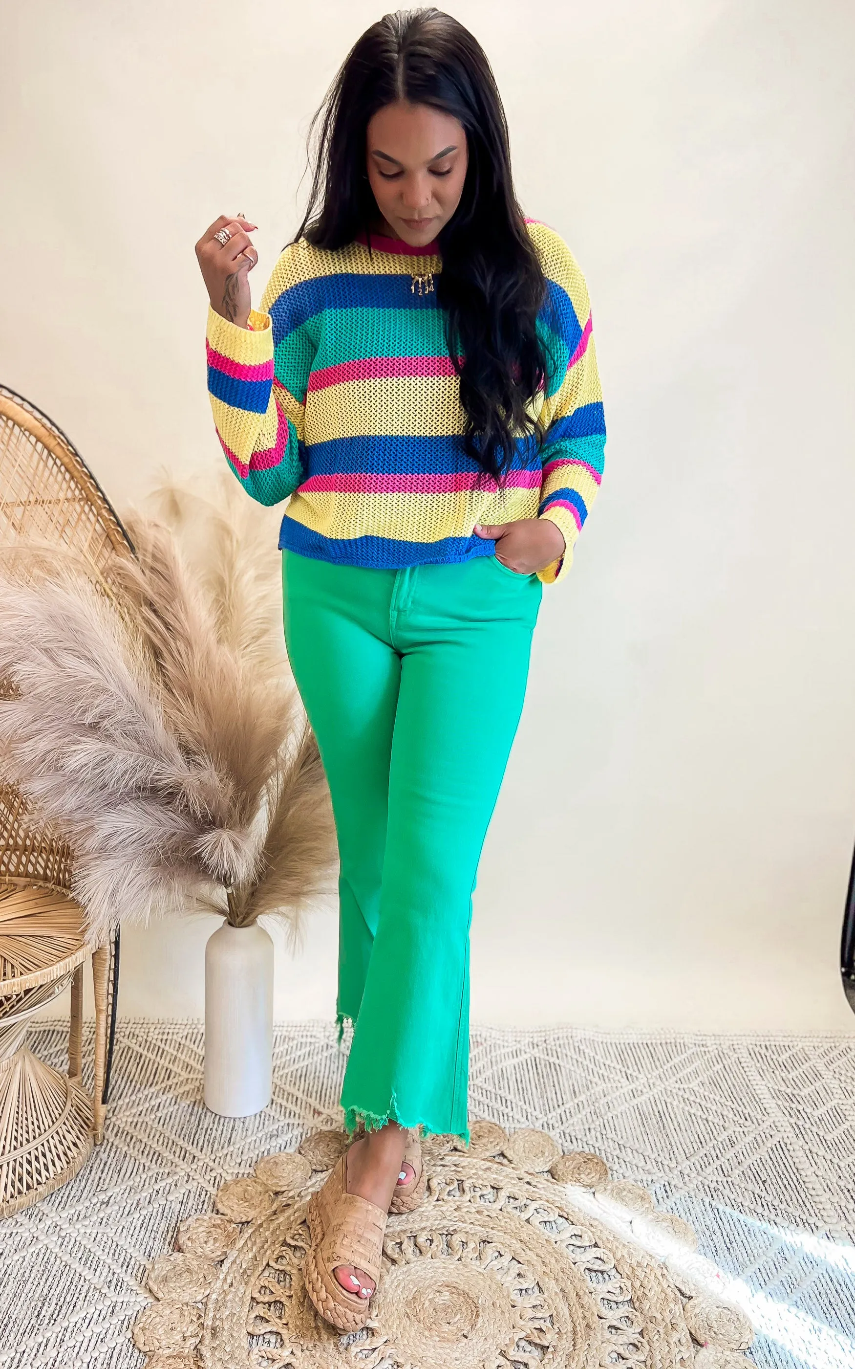 Light Green High Rise Crop Flare Denim Jean | MICA