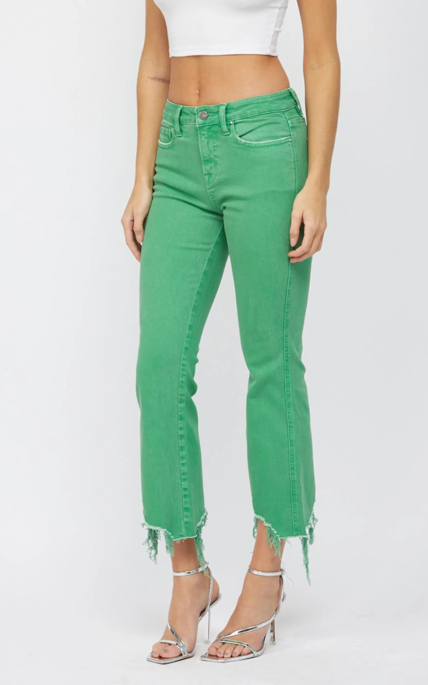 Light Green High Rise Crop Flare Denim Jean | MICA