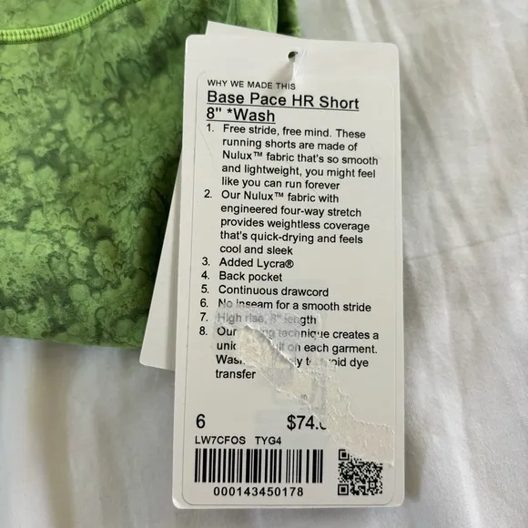 Lululemon Base Pace HR Short 8” *Wash Biker TYG4 Tue Dye Green Women’s Size 6