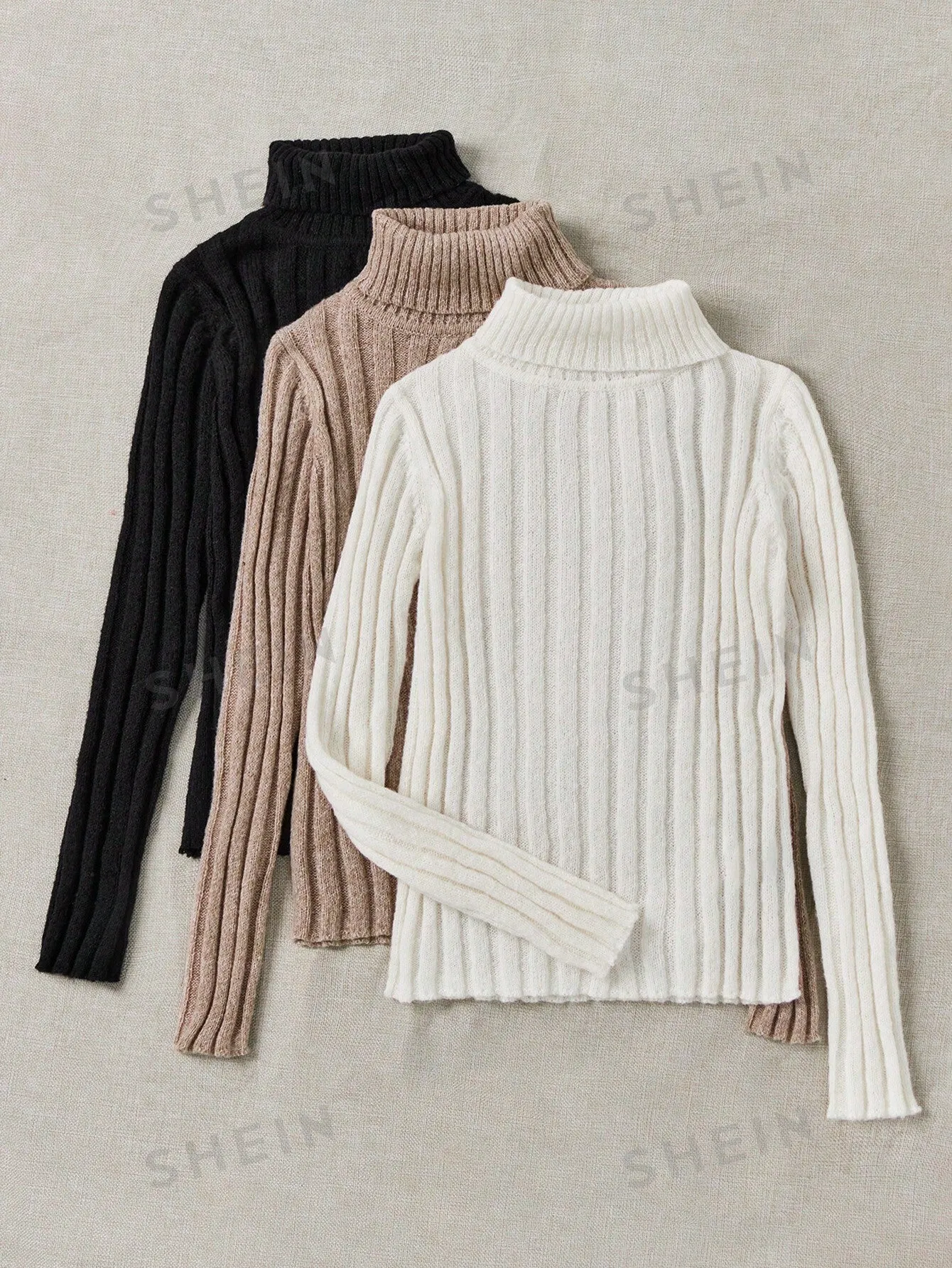 LUNE 3pcs/Set Turtleneck Ribbed Fashionable All-Match Pullover Sweaters For Women, Autumn/Winter