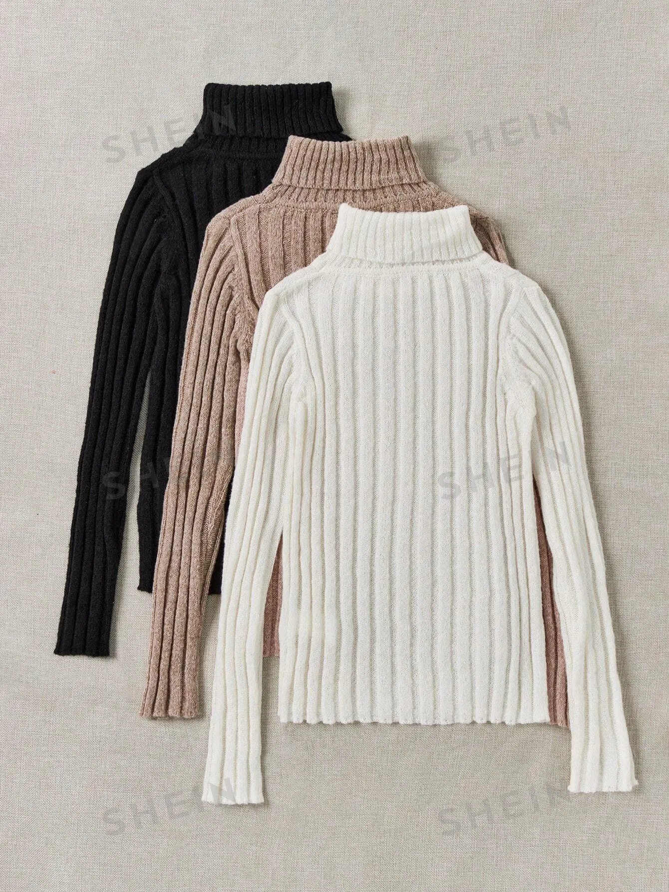 LUNE 3pcs/Set Turtleneck Ribbed Fashionable All-Match Pullover Sweaters For Women, Autumn/Winter