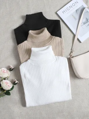 LUNE 3pcs/Set Turtleneck Ribbed Fashionable All-Match Pullover Sweaters For Women, Autumn/Winter