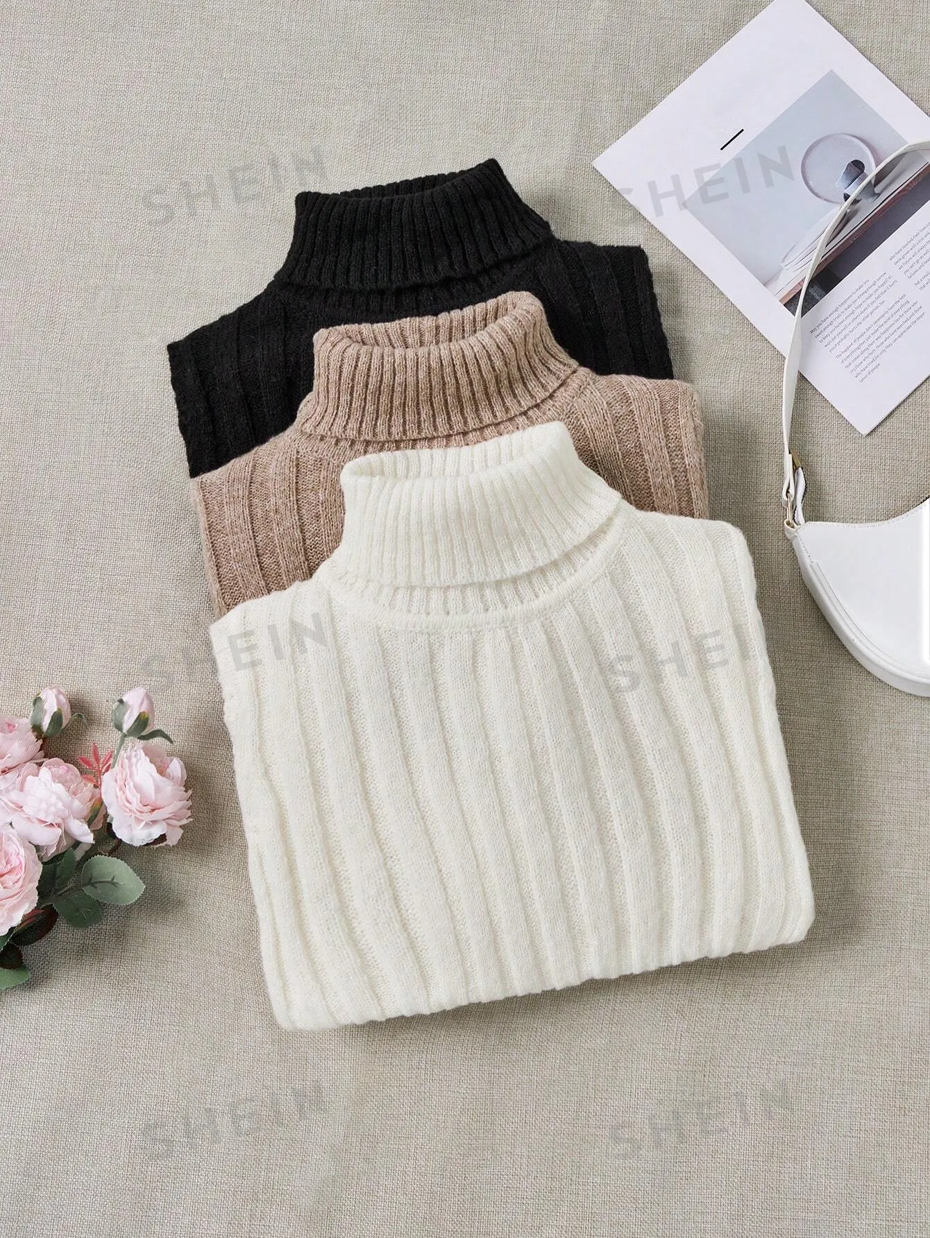 LUNE 3pcs/Set Turtleneck Ribbed Fashionable All-Match Pullover Sweaters For Women, Autumn/Winter