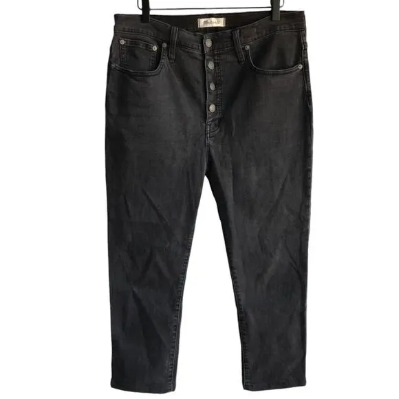 Madewell Cali Demi Boot Jeans in Black Wash Hi Waist Button Fly Cropped size 32