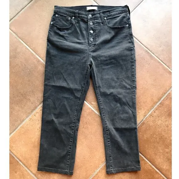 Madewell Cali Demi Boot Jeans in Black Wash Hi Waist Button Fly Cropped size 32