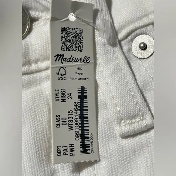 Madewell NWT Kick Out Crop Jeans Size 24 in Pure White