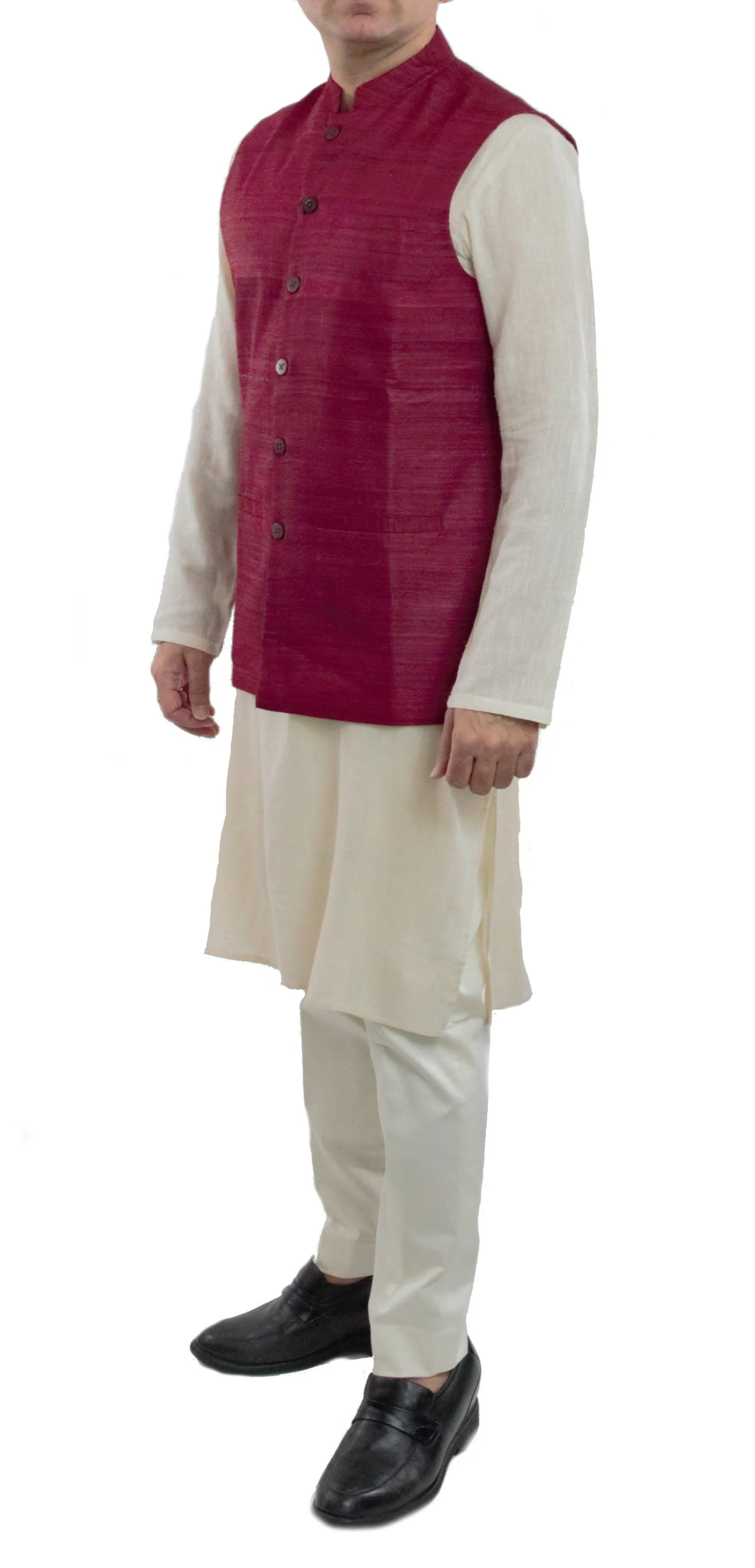 Maroon Color Tussar Ghicha Silk Nehru Jacket Bandhgala Waistcoat Bandi