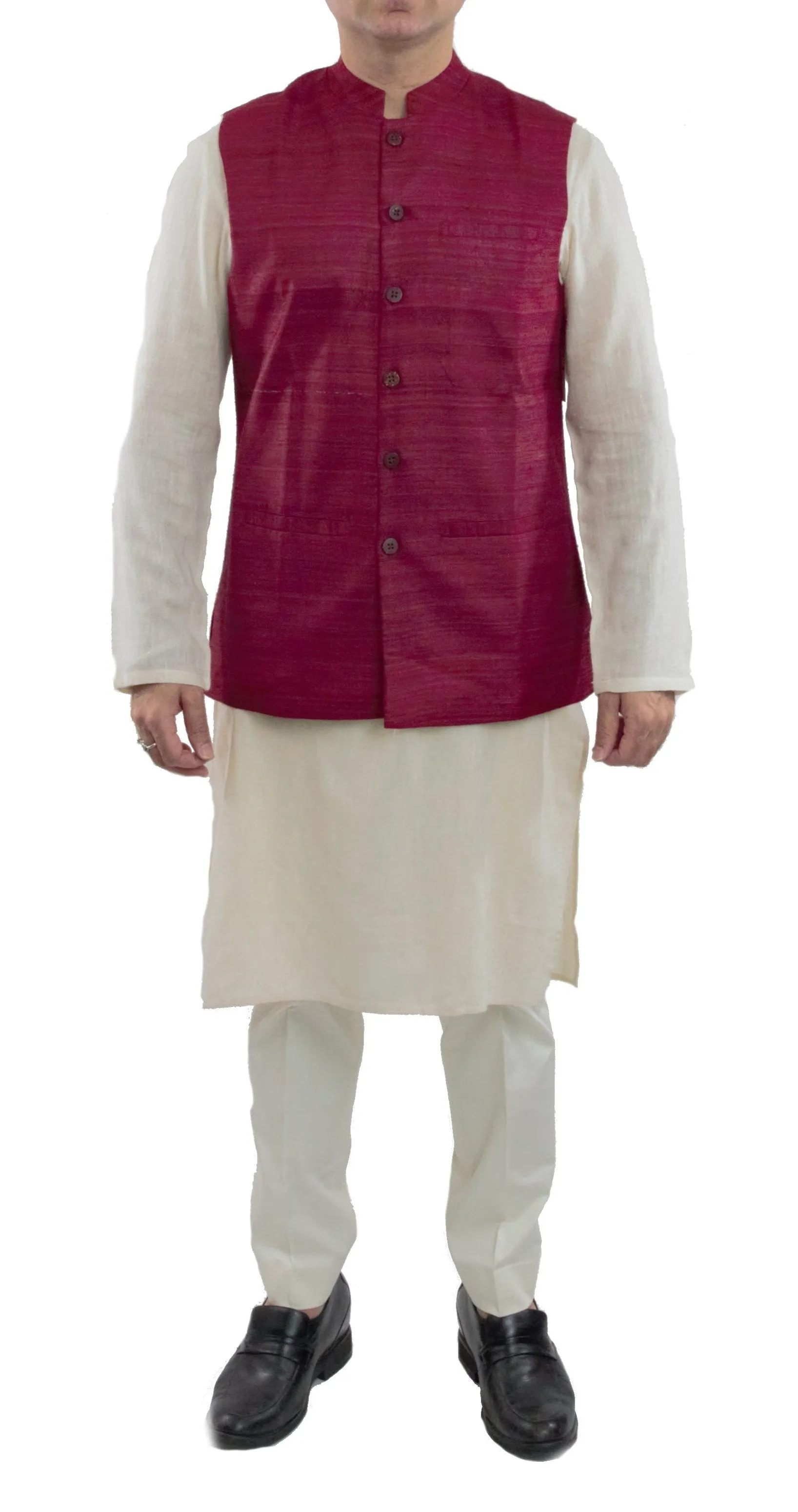 Maroon Color Tussar Ghicha Silk Nehru Jacket Bandhgala Waistcoat Bandi