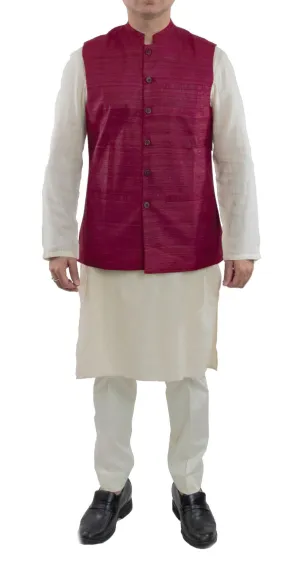 Maroon Color Tussar Ghicha Silk Nehru Jacket Bandhgala Waistcoat Bandi