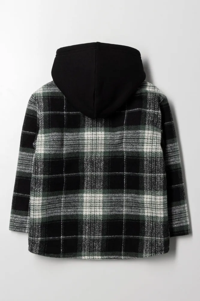 Melton Hooded Check Shacket Navy & Green