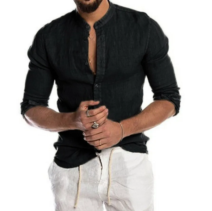 Men’s Loose-Fit Button-Up Shirt with Mandarin Collar