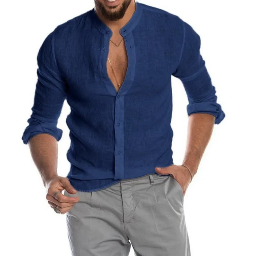 Men’s Loose-Fit Button-Up Shirt with Mandarin Collar