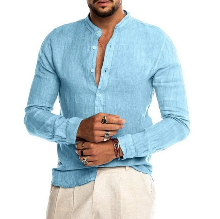 Men’s Loose-Fit Button-Up Shirt with Mandarin Collar