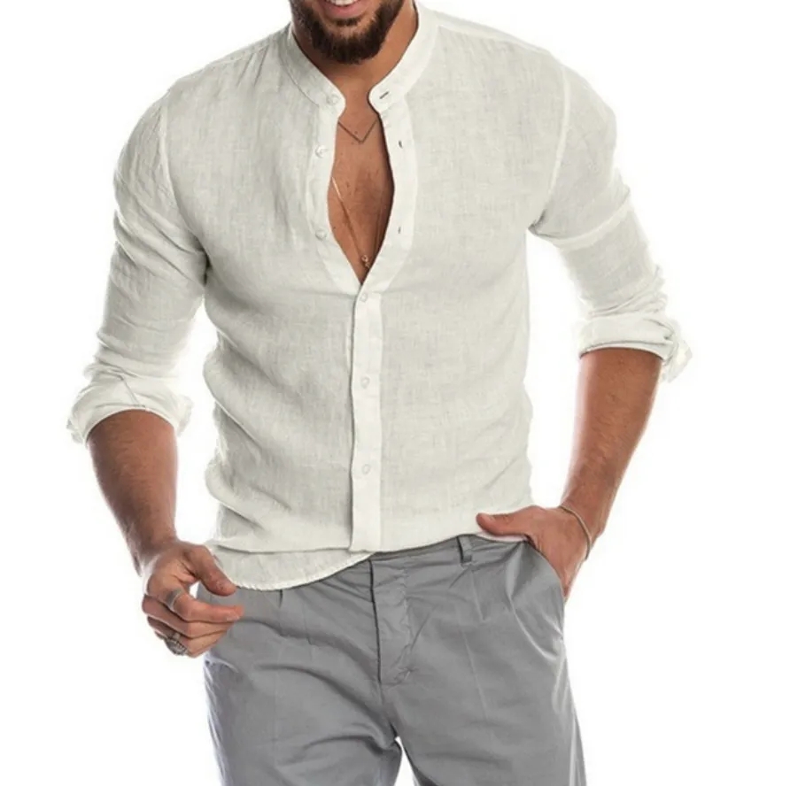 Men’s Loose-Fit Button-Up Shirt with Mandarin Collar