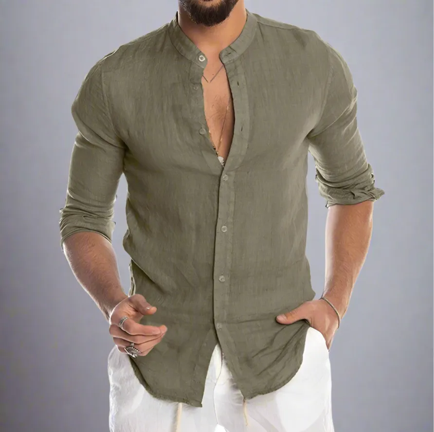 Men’s Loose-Fit Button-Up Shirt with Mandarin Collar