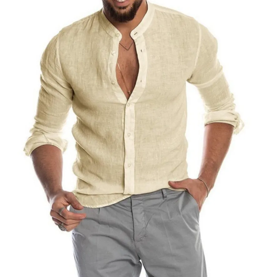 Men’s Loose-Fit Button-Up Shirt with Mandarin Collar