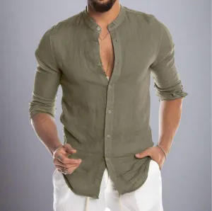 Men’s Loose-Fit Button-Up Shirt with Mandarin Collar