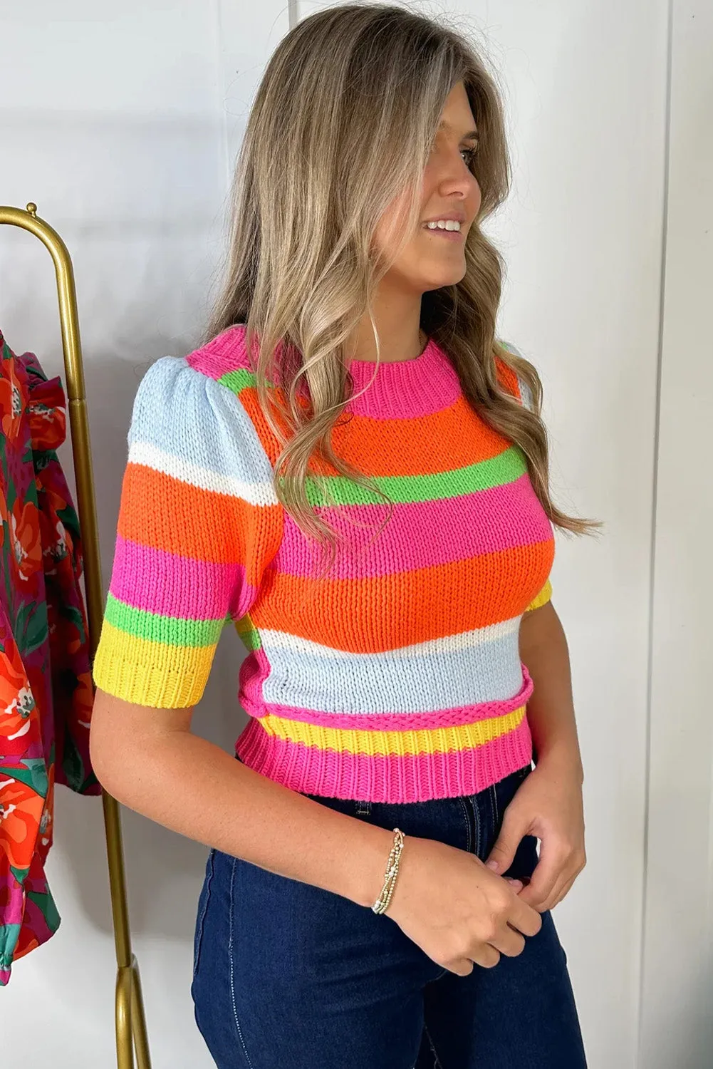 Multicolour Color Block Half Sleeve Slim Fit Sweater T Shirt