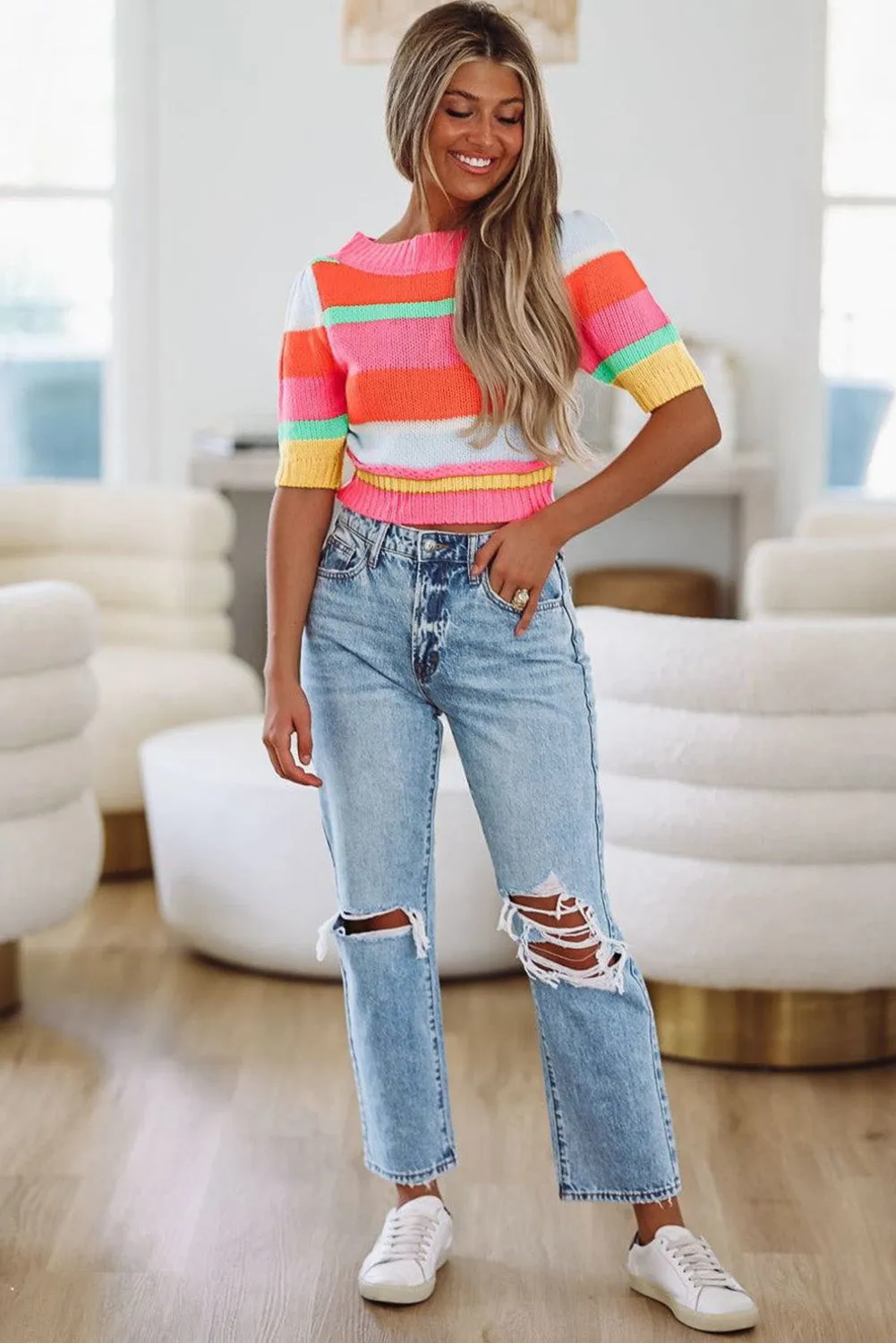 Multicolour Color Block Half Sleeve Slim Fit Sweater T Shirt