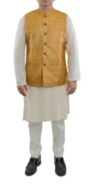 Mustard Color Tussar Ghicha Silk Nehru Jacket Bandhgala Waistcoat Bandi