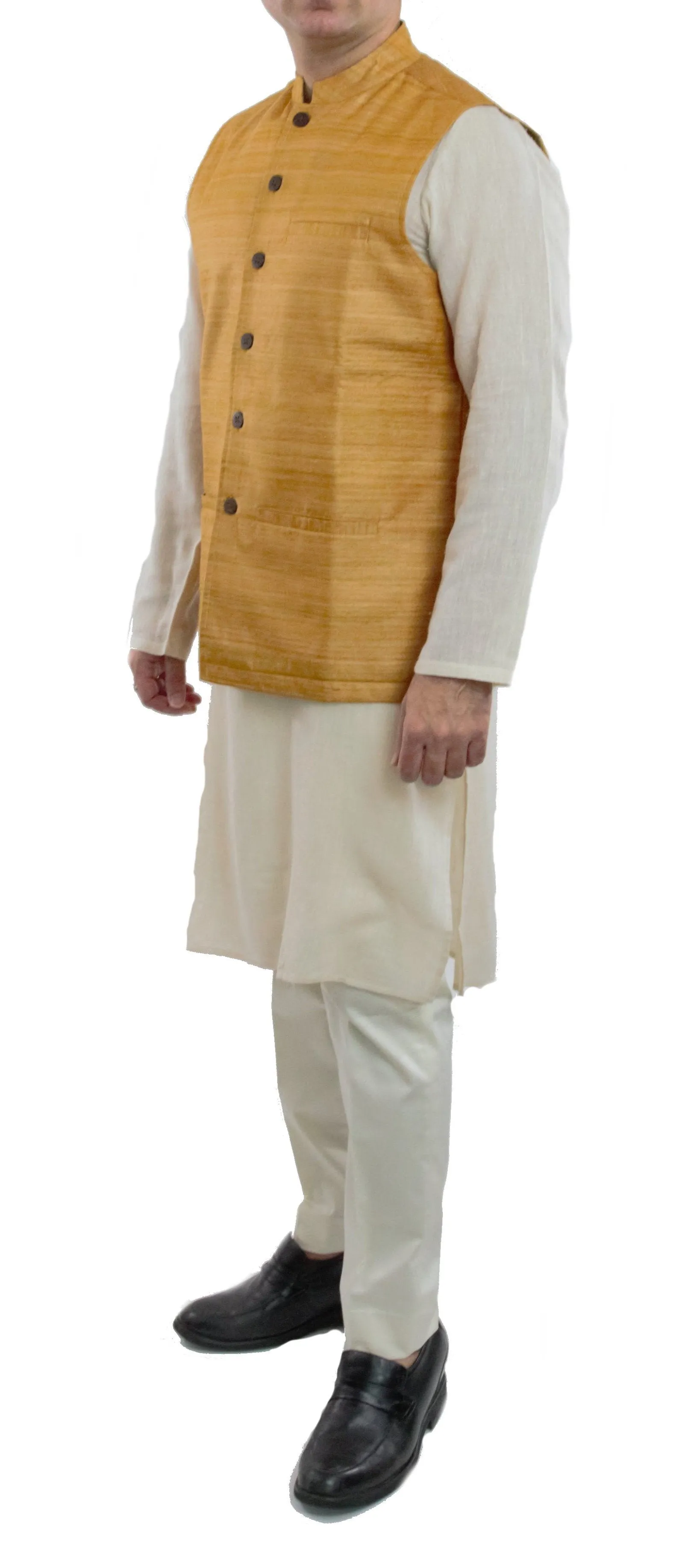 Mustard Color Tussar Ghicha Silk Nehru Jacket Bandhgala Waistcoat Bandi