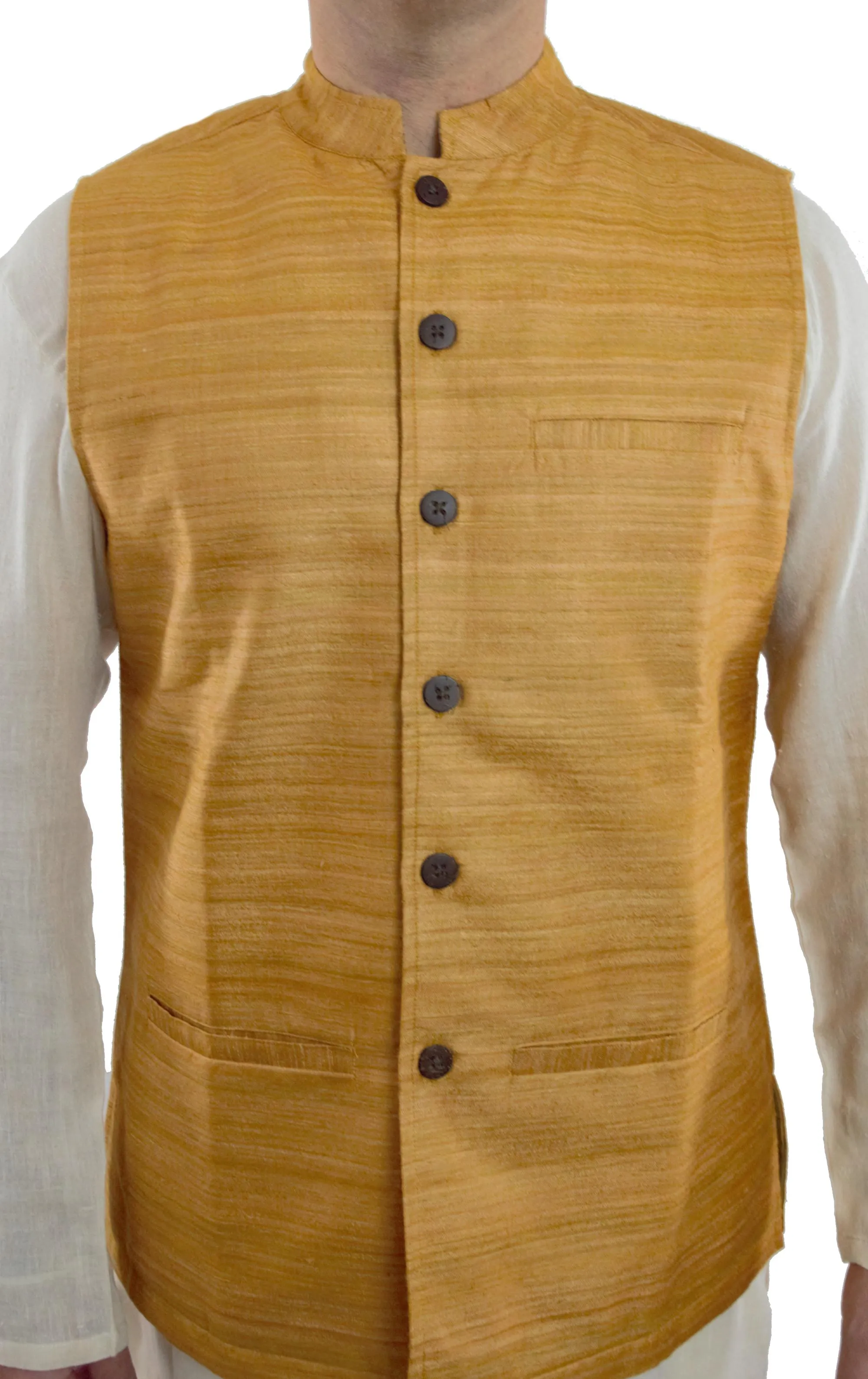 Mustard Color Tussar Ghicha Silk Nehru Jacket Bandhgala Waistcoat Bandi
