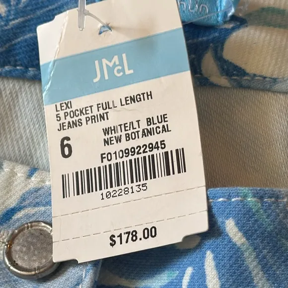 New J MCLAUGHLIN LEXI $178 Womens 6 Blue White Palm Floral Print Stretch Jeans