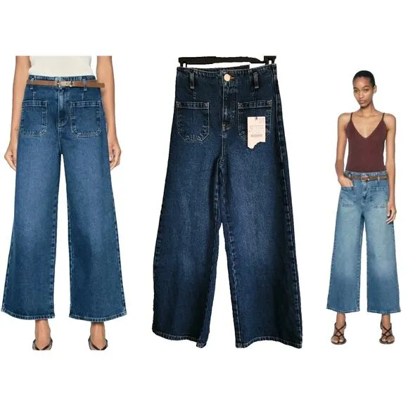 New Zara Mid-Blue Z1975 Wide-Leg Cropped High-waist Jeans 1889/151 Size 0/32
