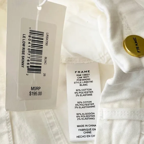 NWT Frame Denim Le Low Rise Skinny Jeans Size 26 in White Blanc Stretch NEW